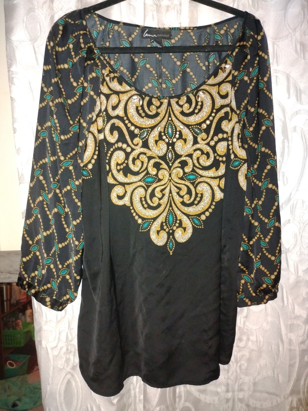 Lane Bryant Black Tunic with Gold and Teal Embellishment
